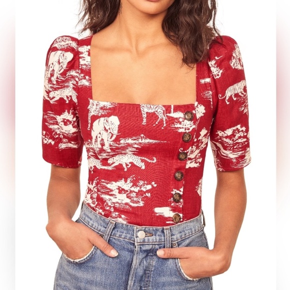 Reformation Leo Linen Top Nairobi Red Safari Print Button Detail Puff Sleeves 6 - Picture 1 of 15